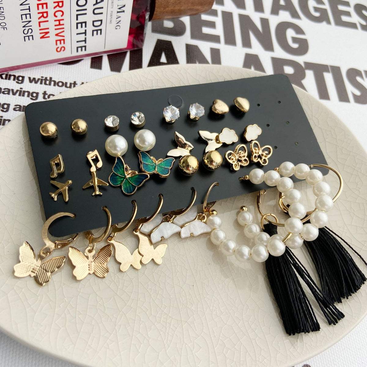 Creative Retro Golden Butterfly Airplane Tassel Earrings Set