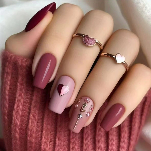 Elegant Blush Heart Fake Nails - 24Pcs