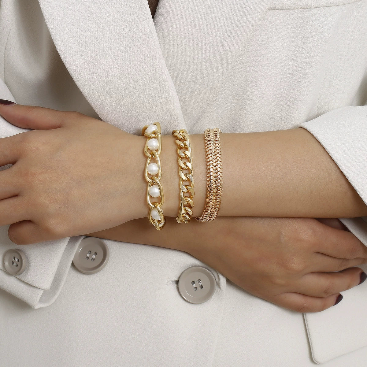 BRAL44 - Elegant Gold & Pearl Bracelet Set – 3-Piece Chic Stack