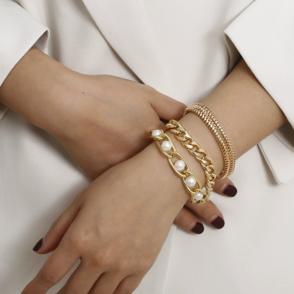 BRAL44 - Elegant Gold & Pearl Bracelet Set – 3-Piece Chic Stack
