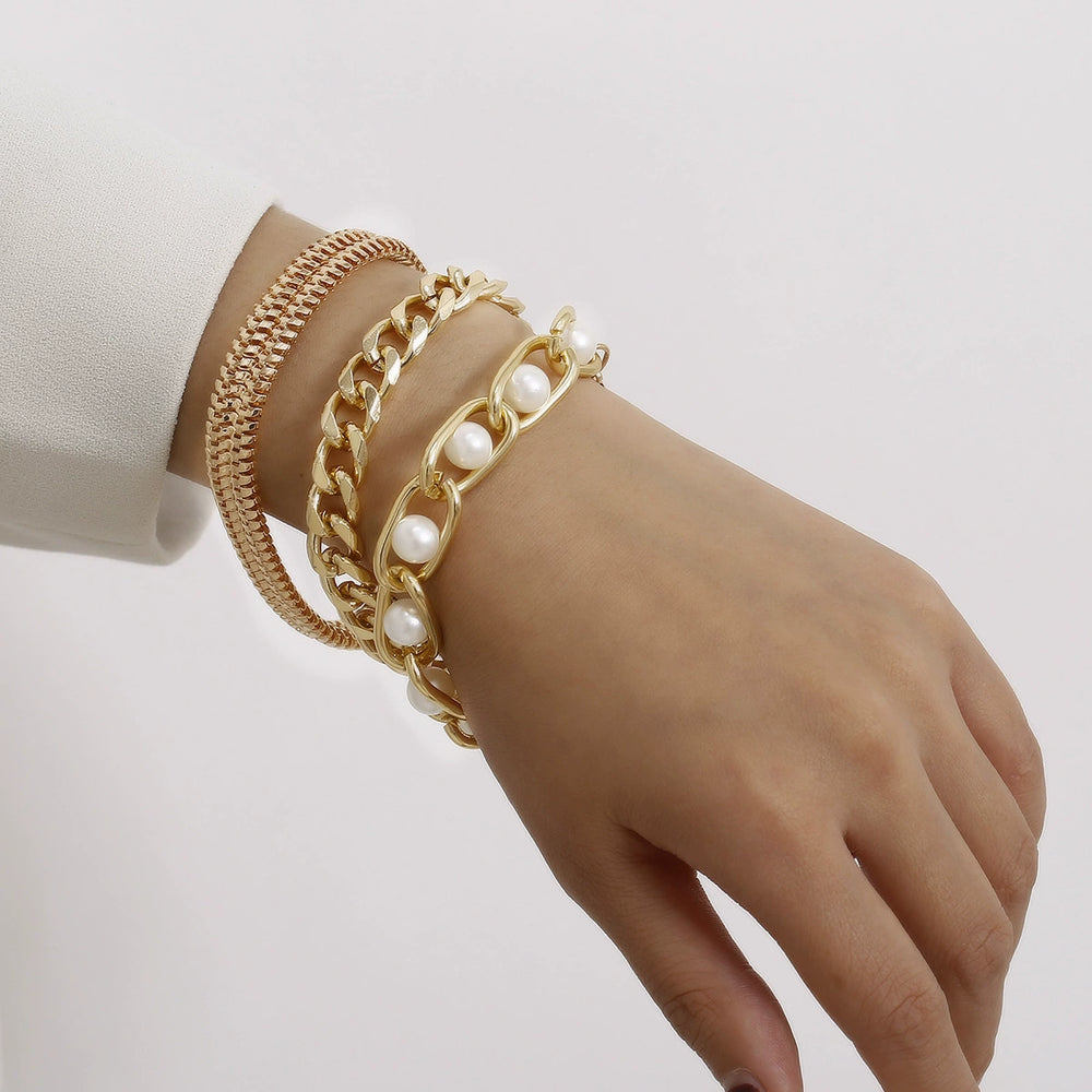 BRAL44 - Elegant Gold & Pearl Bracelet Set – 3-Piece Chic Stack