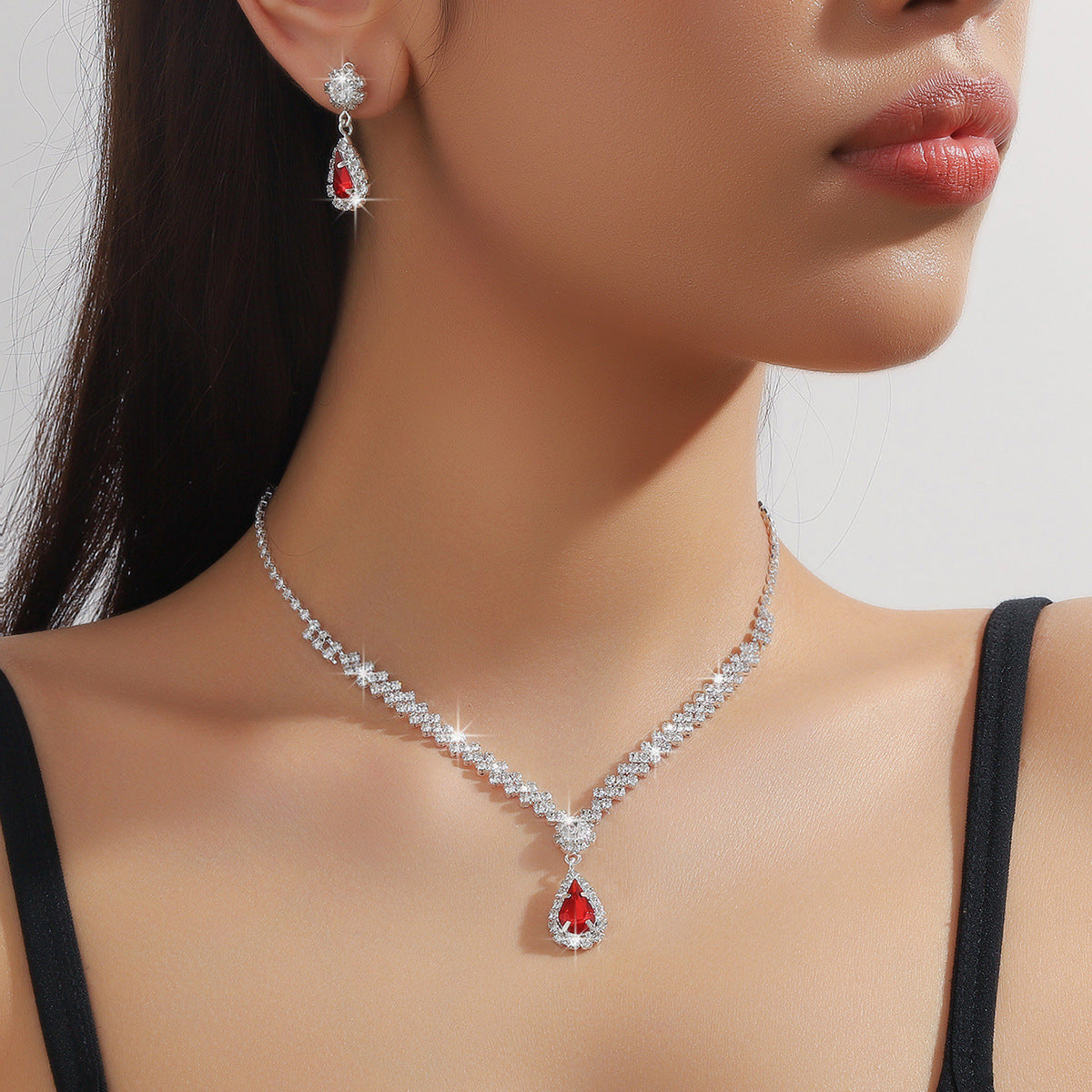 Elegant Silver & Red Crystal Jewelry Set
