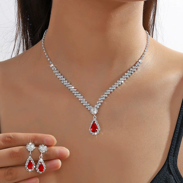 Elegant Silver & Red Crystal Jewelry Set