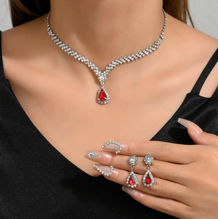 Elegant Silver & Red Crystal Jewelry Set