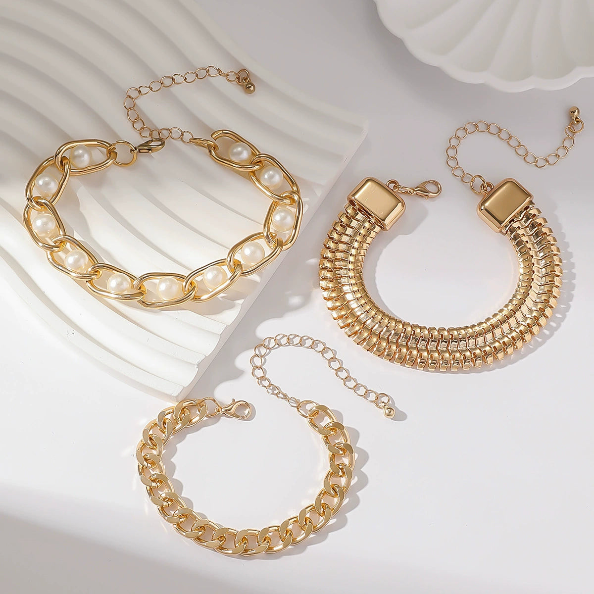 BRAL44 - Elegant Gold & Pearl Bracelet Set – 3-Piece Chic Stack