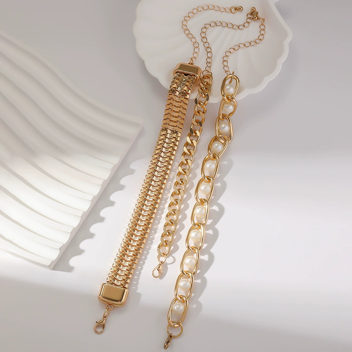 BRAL44 - Elegant Gold & Pearl Bracelet Set – 3-Piece Chic Stack