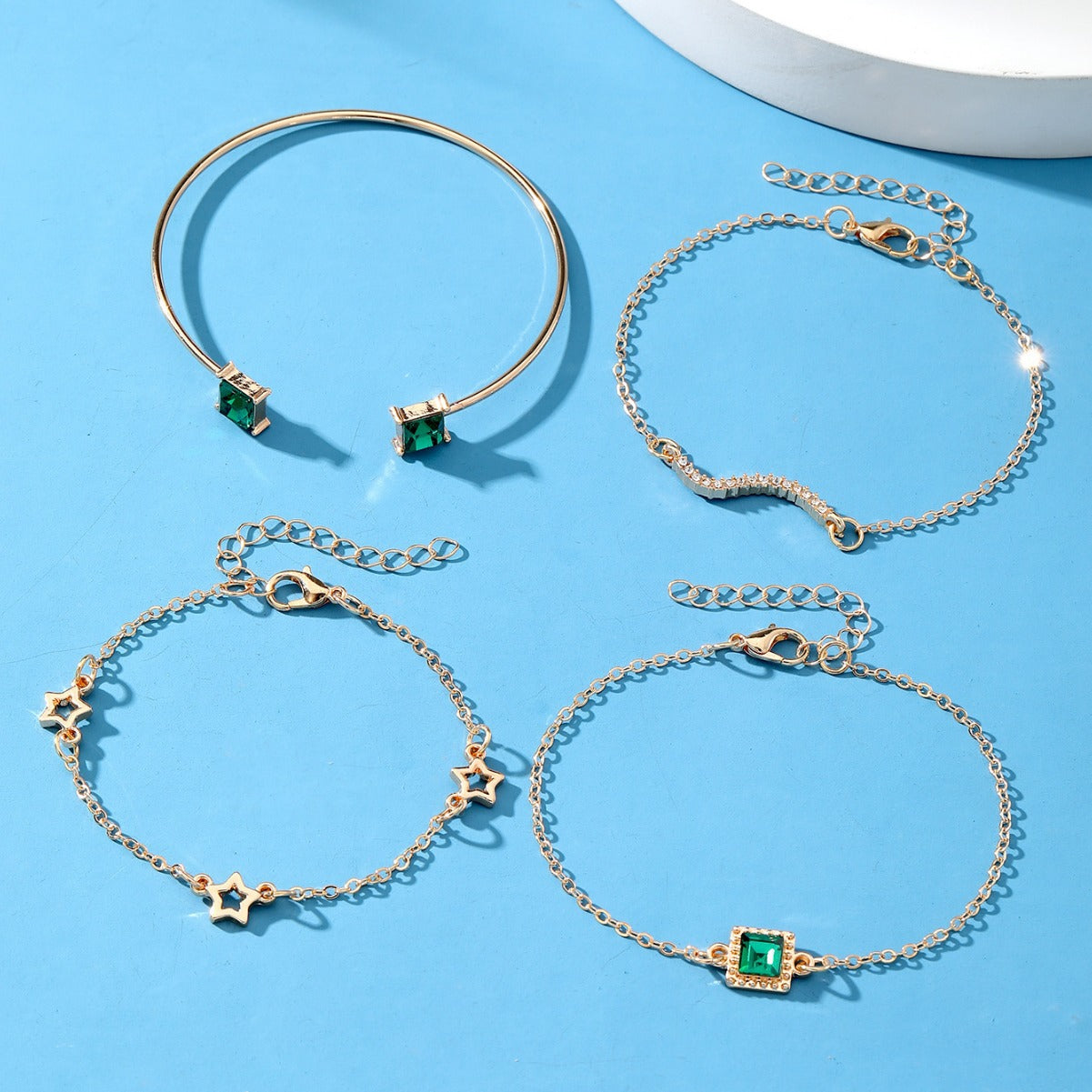 Emerald Square Diamond Star Bracelet Set