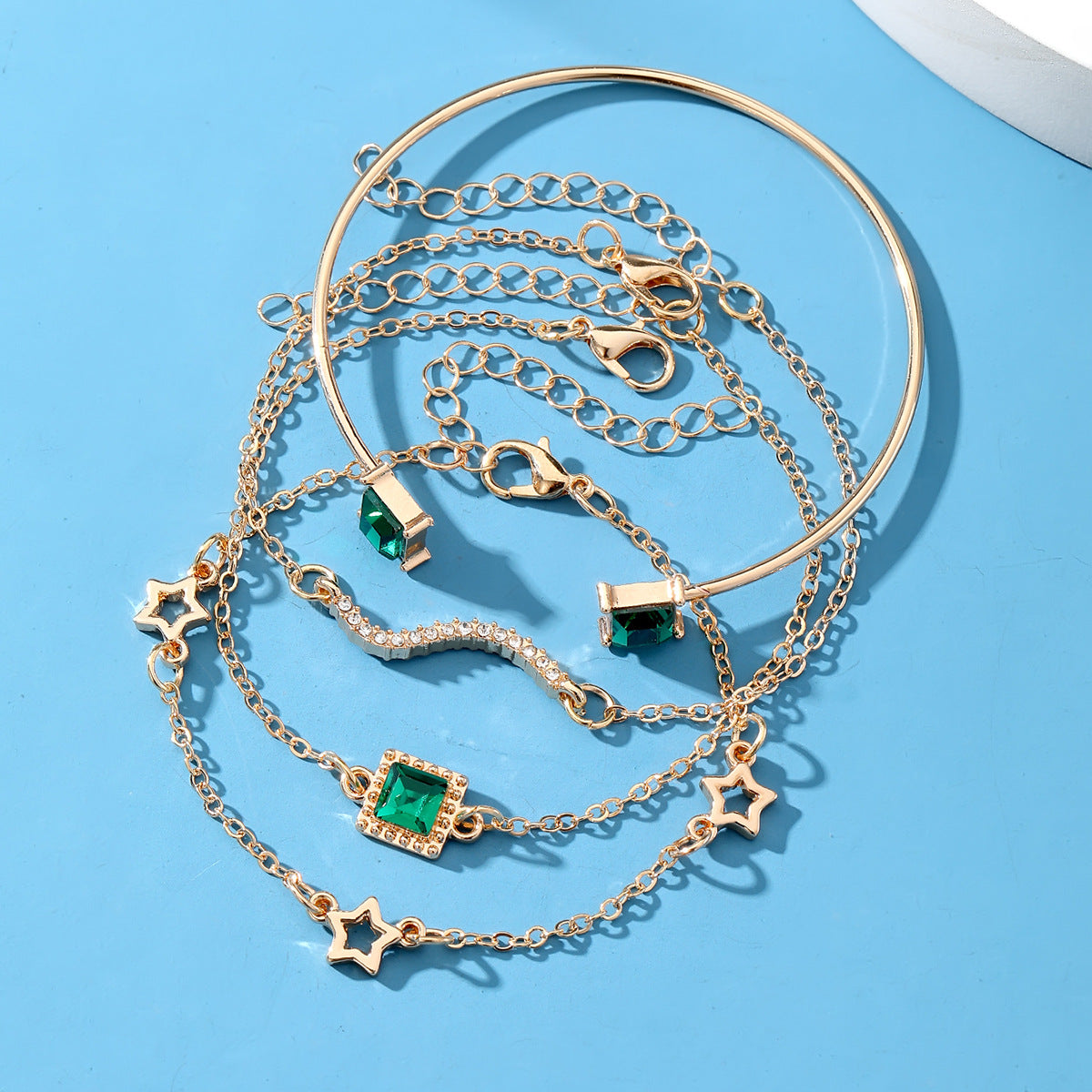Emerald Square Diamond Star Bracelet Set