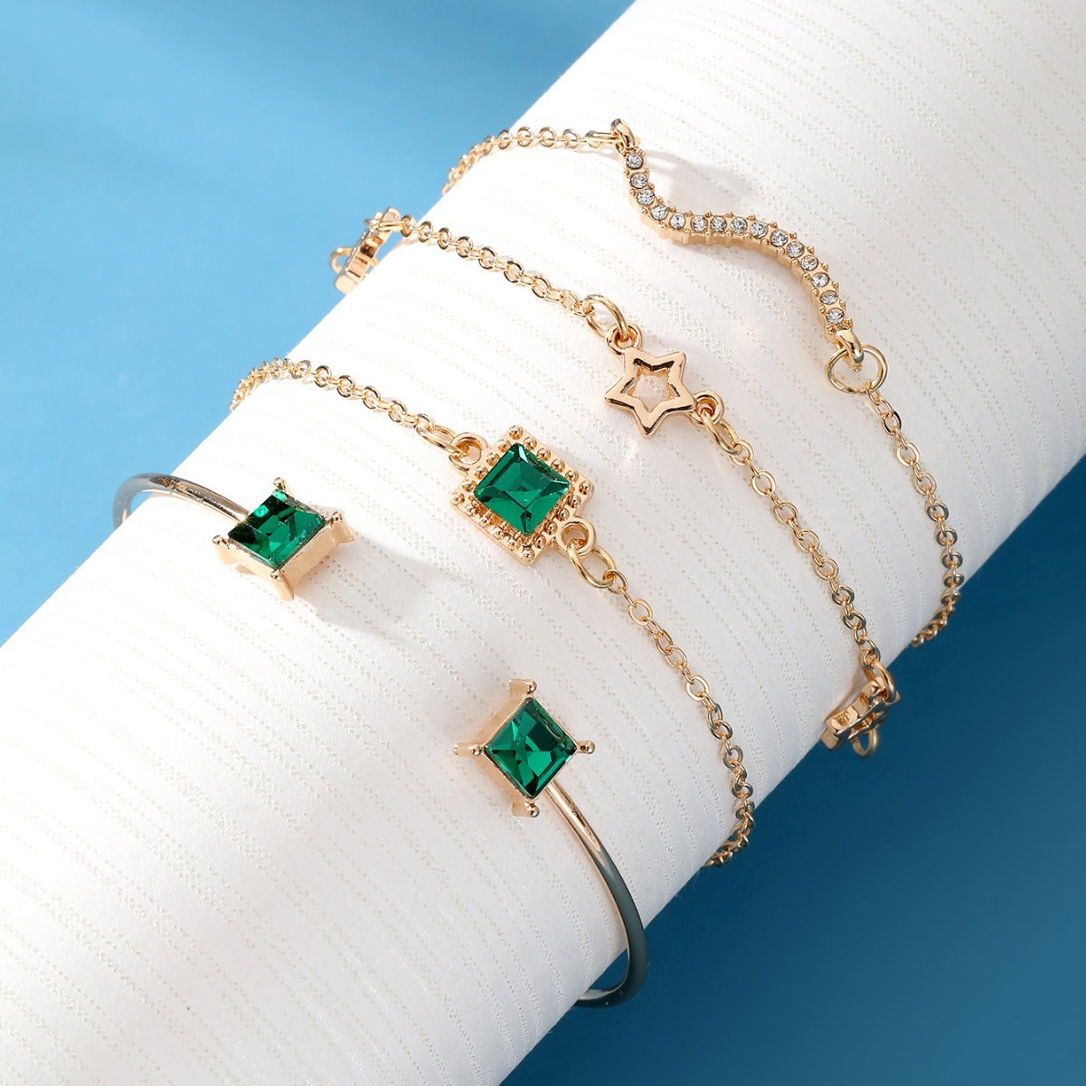 Emerald Square Diamond Star Bracelet Set