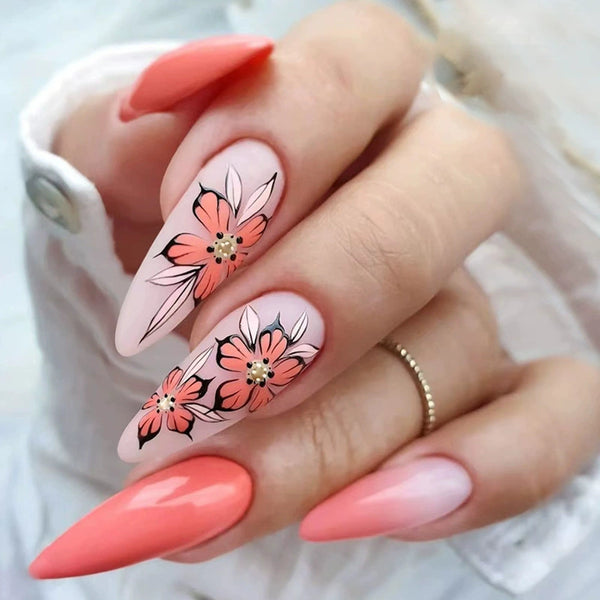 Enamel Flower Fake Nails  - 24Pcs