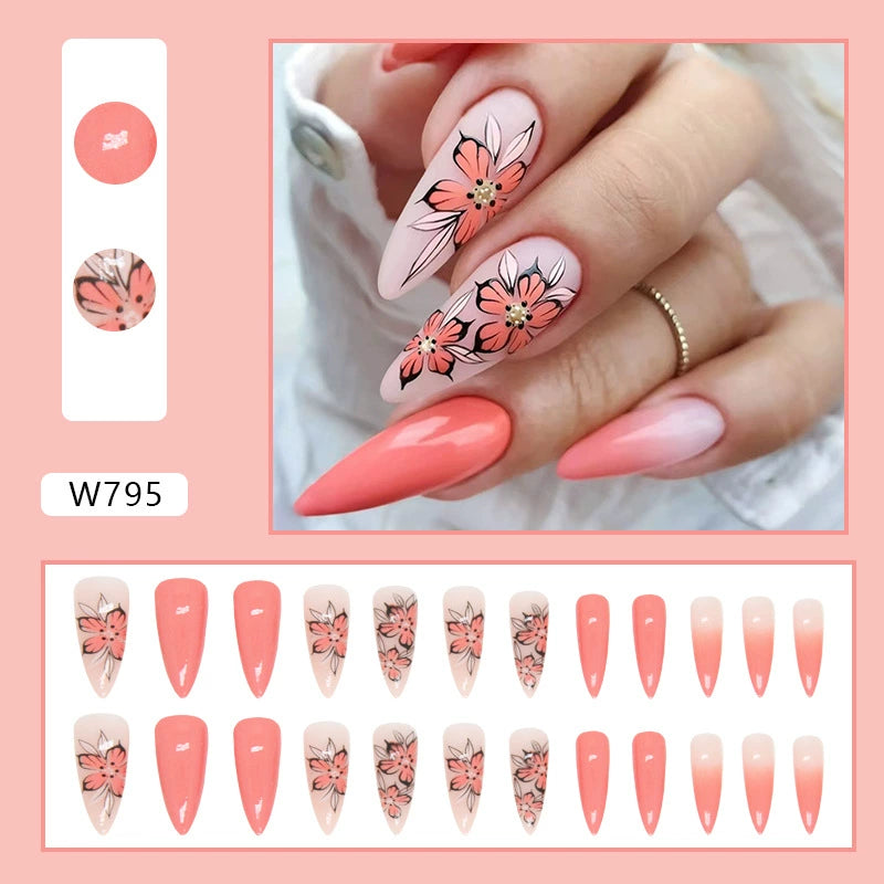 Enamel Flower Fake Nails  - 24Pcs