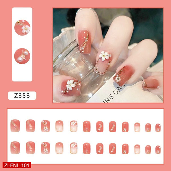 Embossed Camellia Small Fresh Manicure Fake Nails  - 24Pc