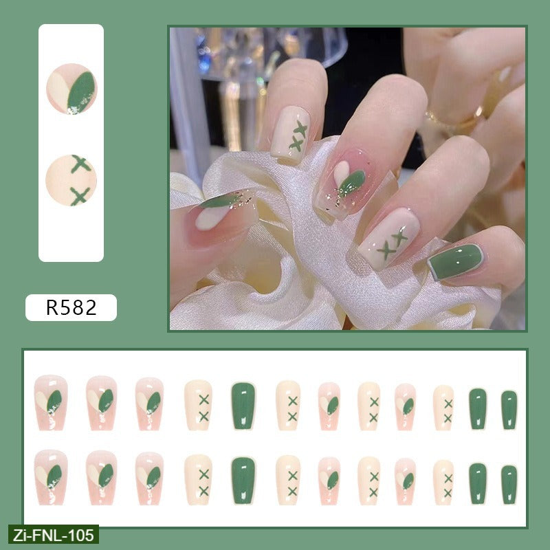 Milky Green Color-Blocked Fake Nails  - 24Pcs