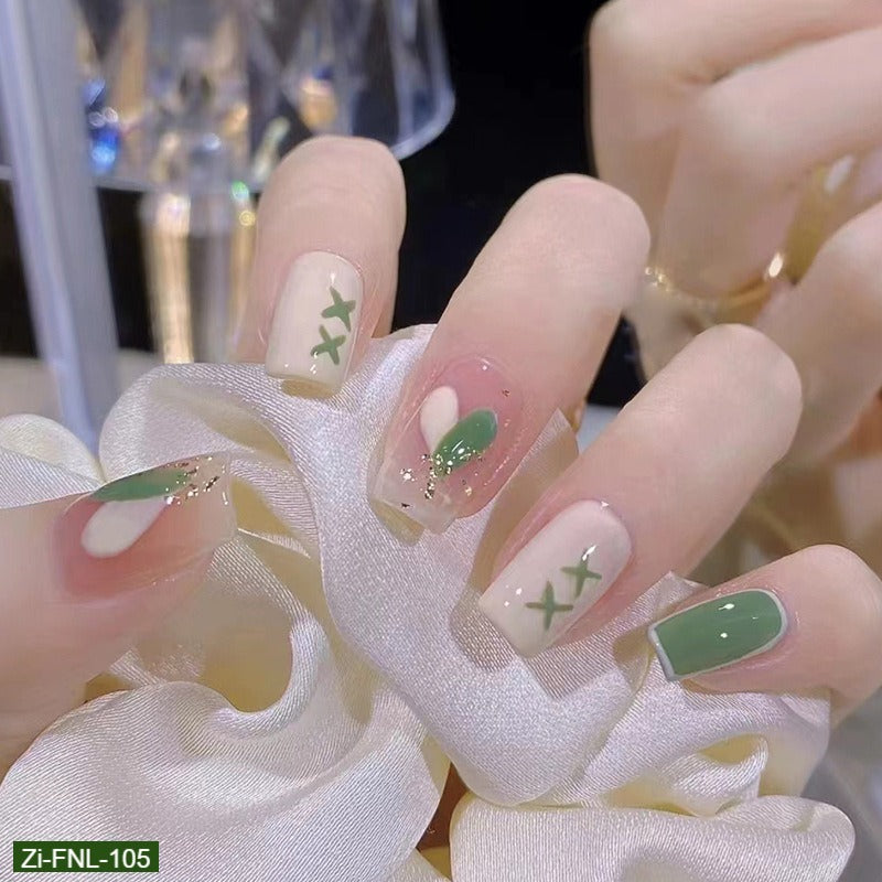 Milky Green Color-Blocked Fake Nails  - 24Pcs