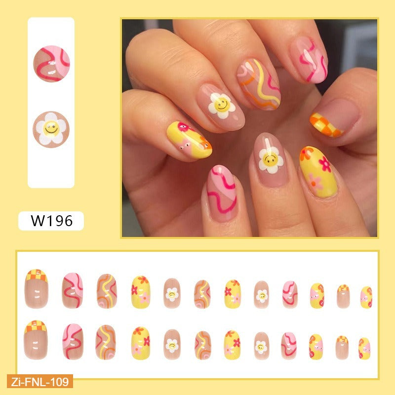 Multi-Color Corrugated Sunflower Smiley Face Fake Nails  - 24Pcs