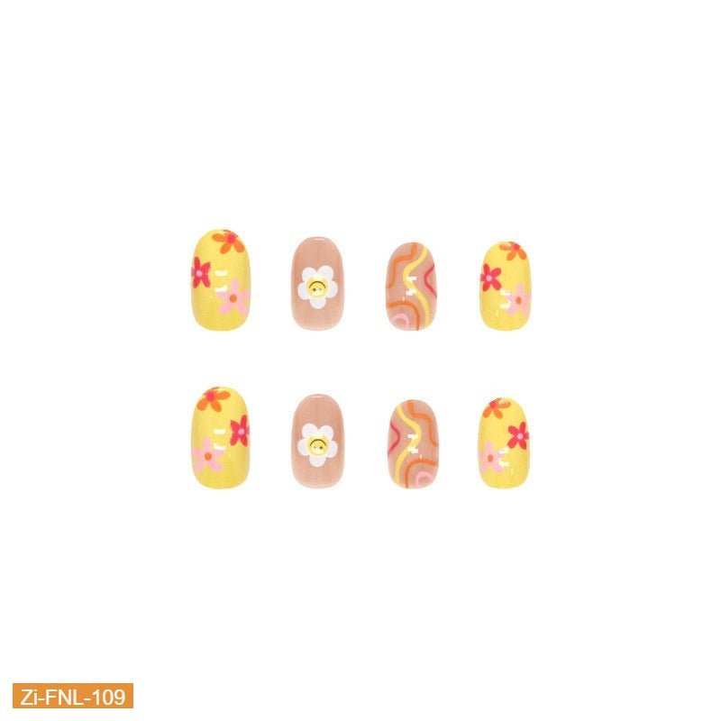 Multi-Color Corrugated Sunflower Smiley Face Fake Nails  - 24Pcs
