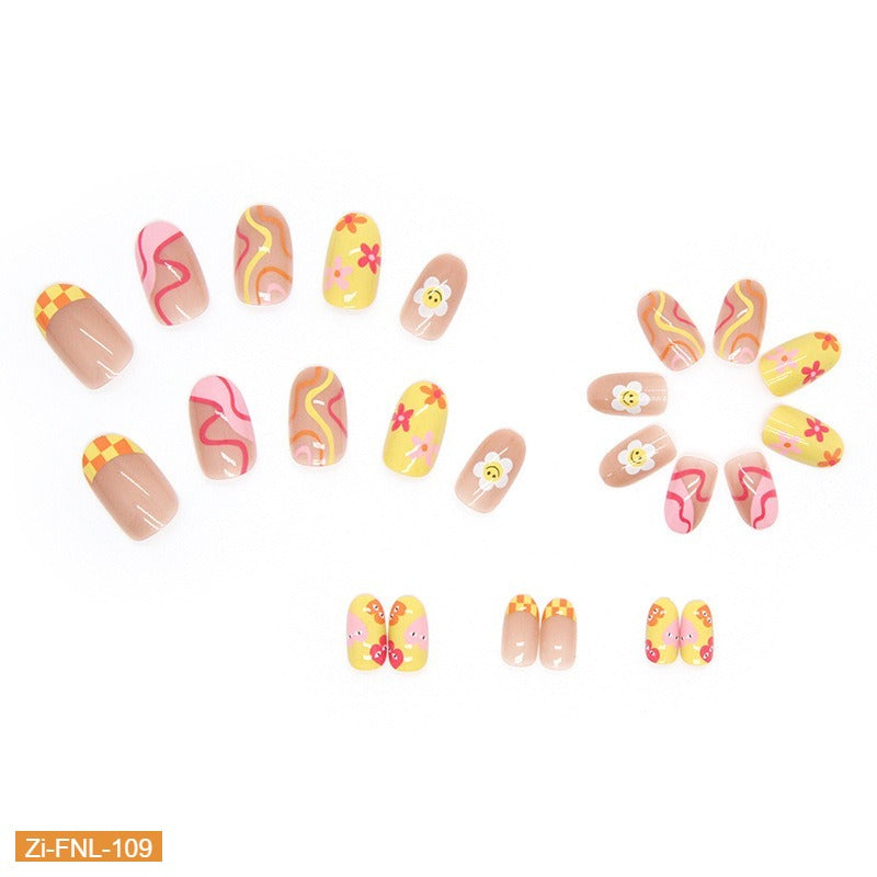 Multi-Color Corrugated Sunflower Smiley Face Fake Nails  - 24Pcs