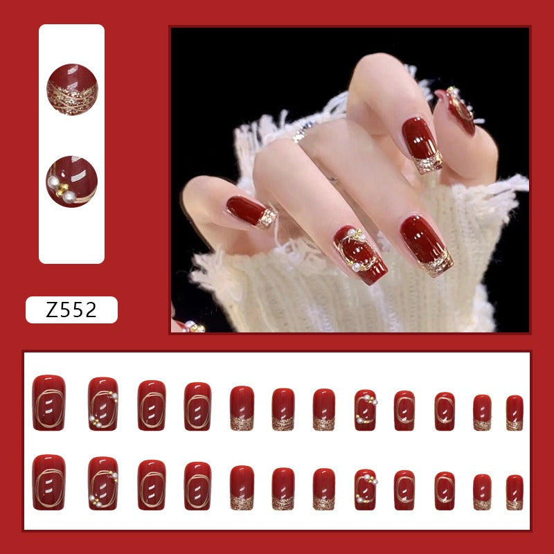 Burgundy Shiny Diamond Fake Nails-24Pcs