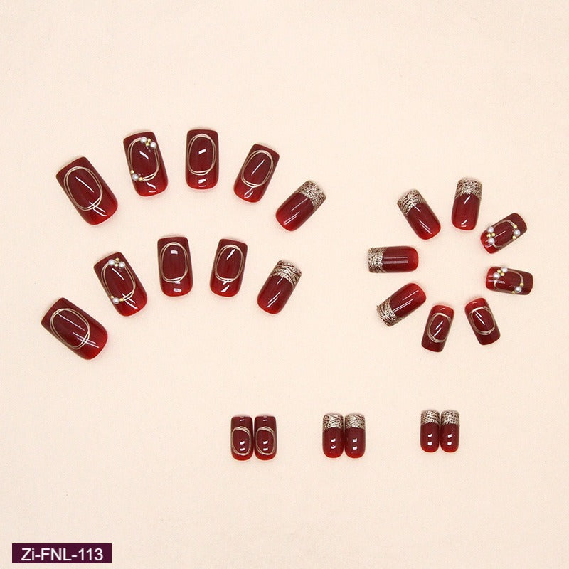 Burgundy Shiny Diamond Fake Nails-24Pcs