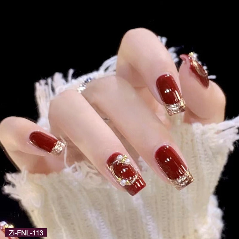 Burgundy Shiny Diamond Fake Nails-24Pcs
