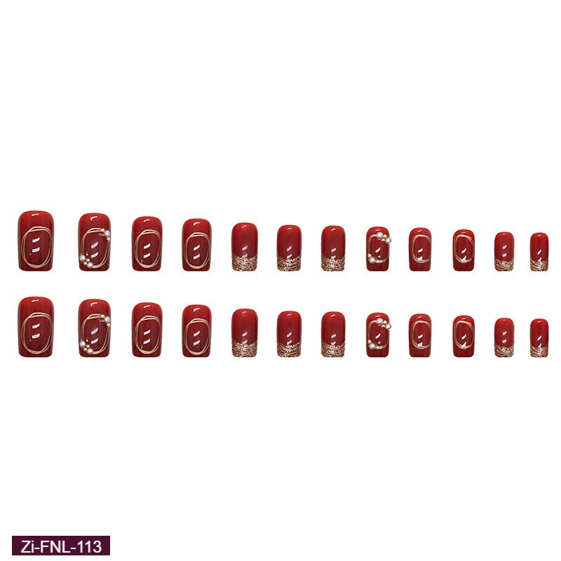 Burgundy Shiny Diamond Fake Nails-24Pcs