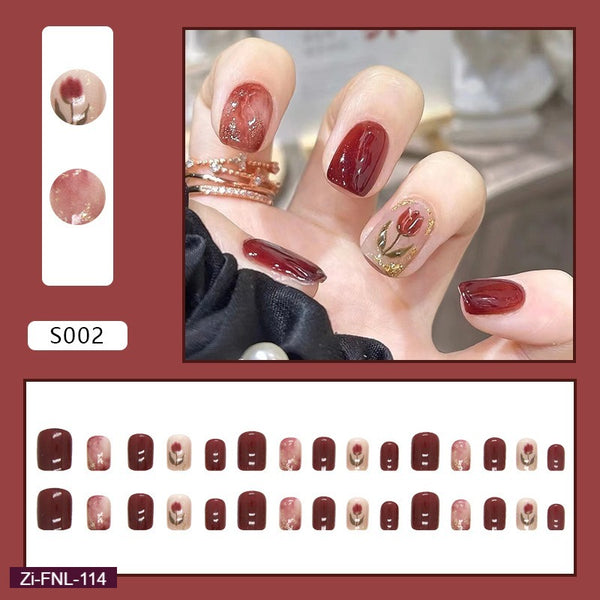 Tulip Flower Red Festive Atmosphere Fake Nails  - 24Pcs