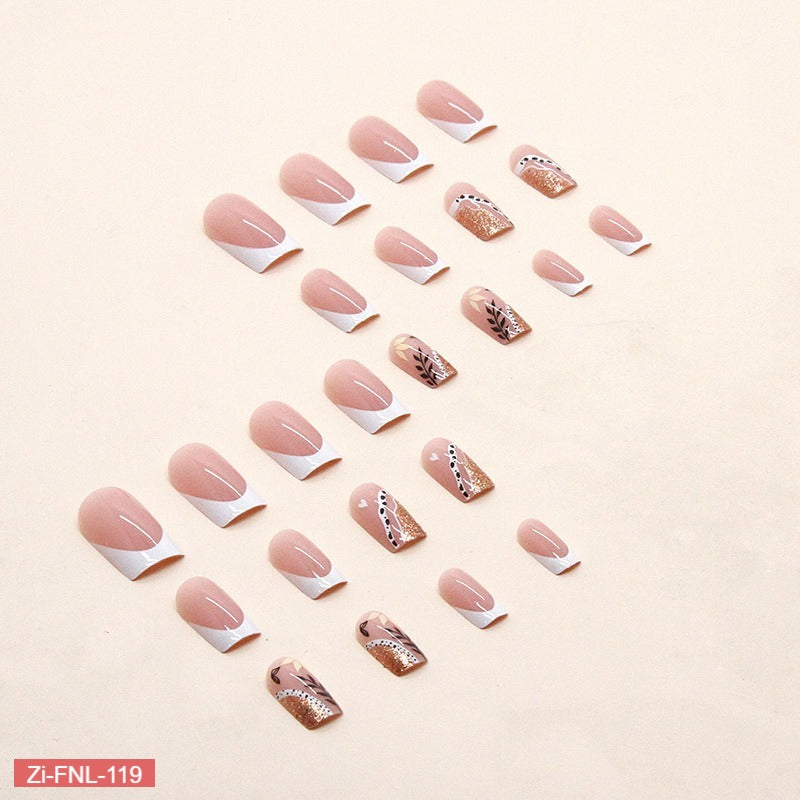 White French ice Transparent Leaf Fake Nails  - 24Pcs