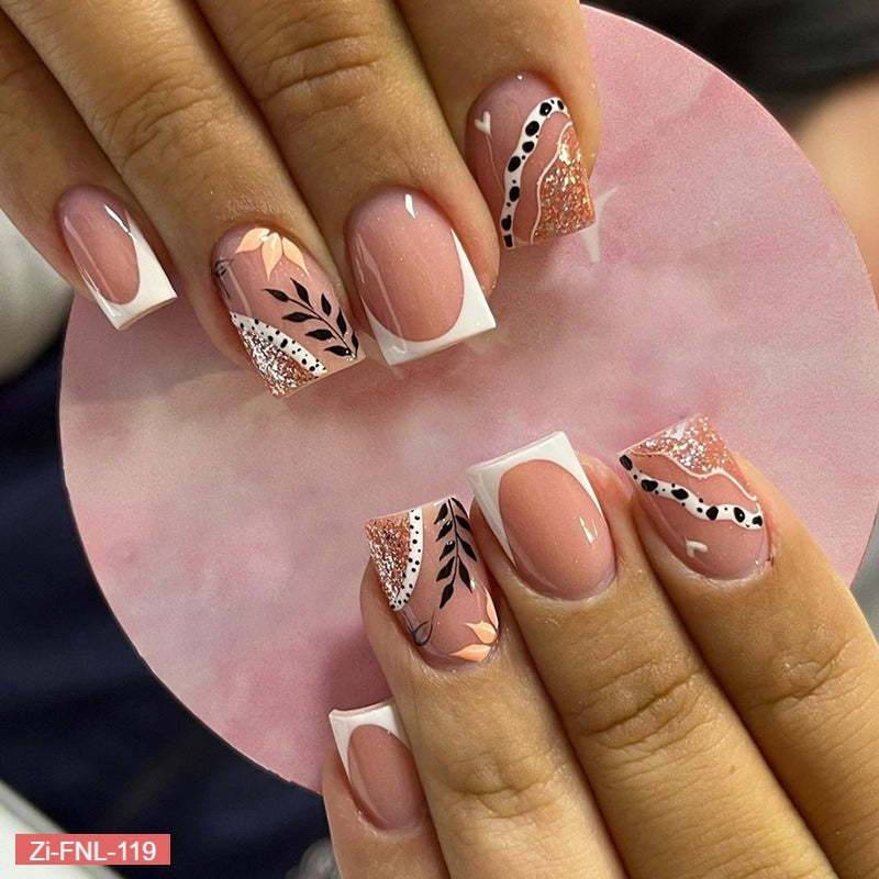 White French ice Transparent Leaf Fake Nails  - 24Pcs