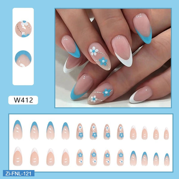 Fresh Blue and White Cute Floral Almond Wearable Fake Nails  - 24Pcs