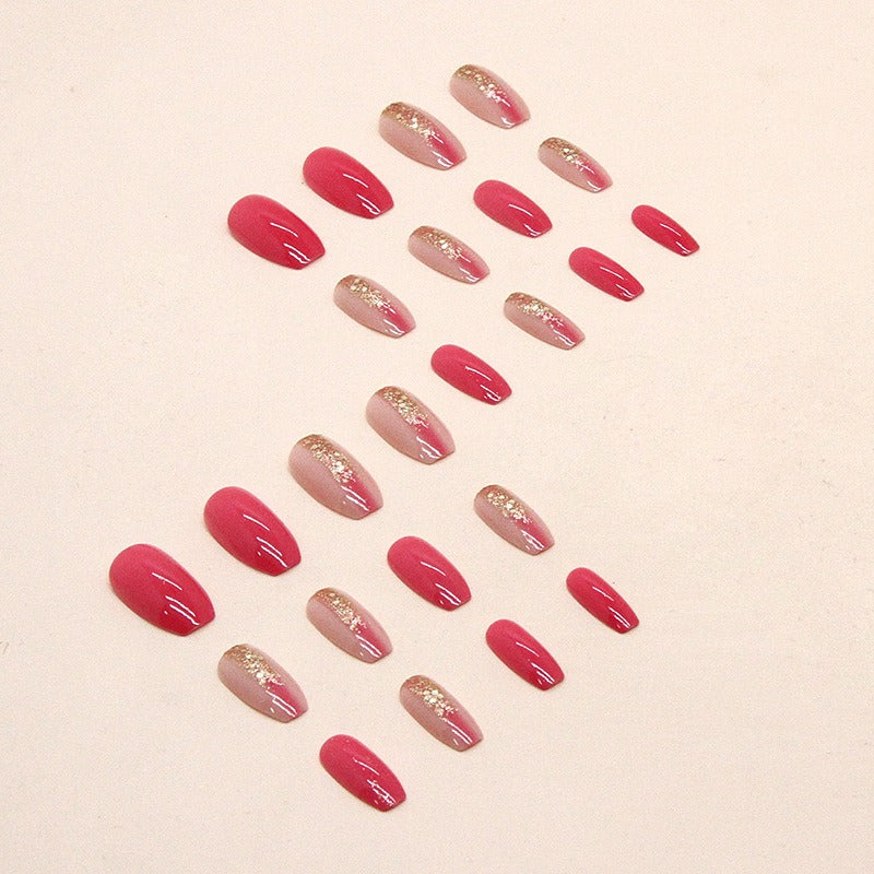 Rose Red Short Ballet Flash Gold Powder Fake Nails  - 24Pc