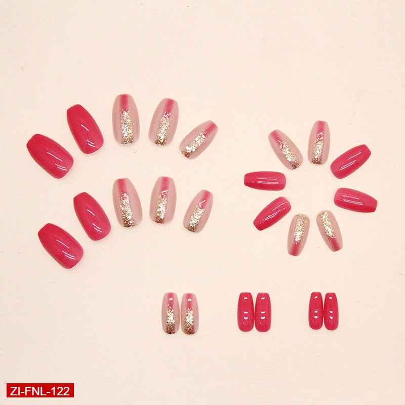 Rose Red Short Ballet Flash Gold Powder Fake Nails  - 24Pc
