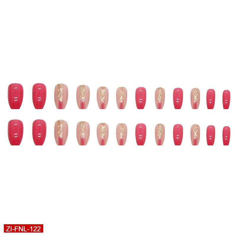 Rose Red Short Ballet Flash Gold Powder Fake Nails  - 24Pc