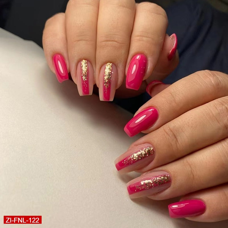 Rose Red Short Ballet Flash Gold Powder Fake Nails  - 24Pc