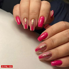 Rose Red Short Ballet Flash Gold Powder Fake Nails  - 24Pc