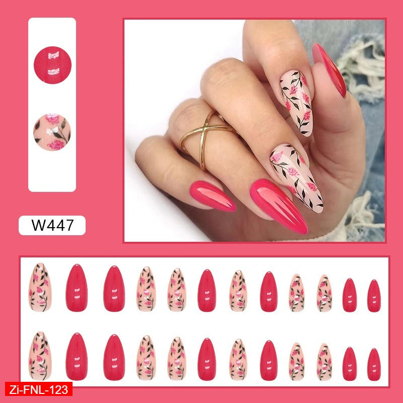 Rose Red Flower Almond Fake Nails  - 24Pc