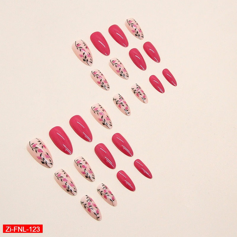 Rose Red Flower Almond Fake Nails  - 24Pc