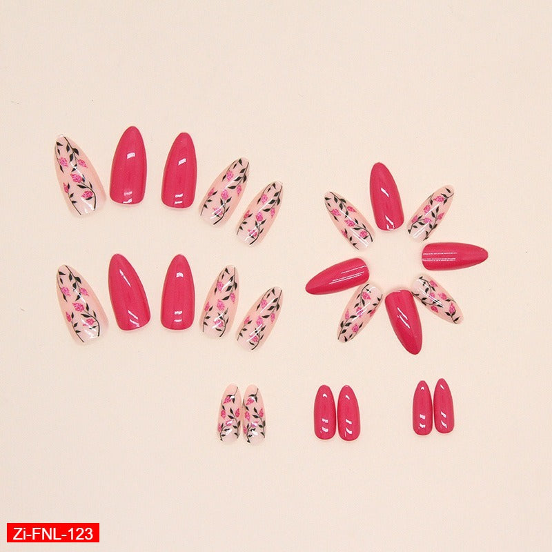 Rose Red Flower Almond Fake Nails  - 24Pc