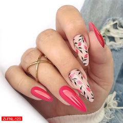 Rose Red Flower Almond Fake Nails  - 24Pc