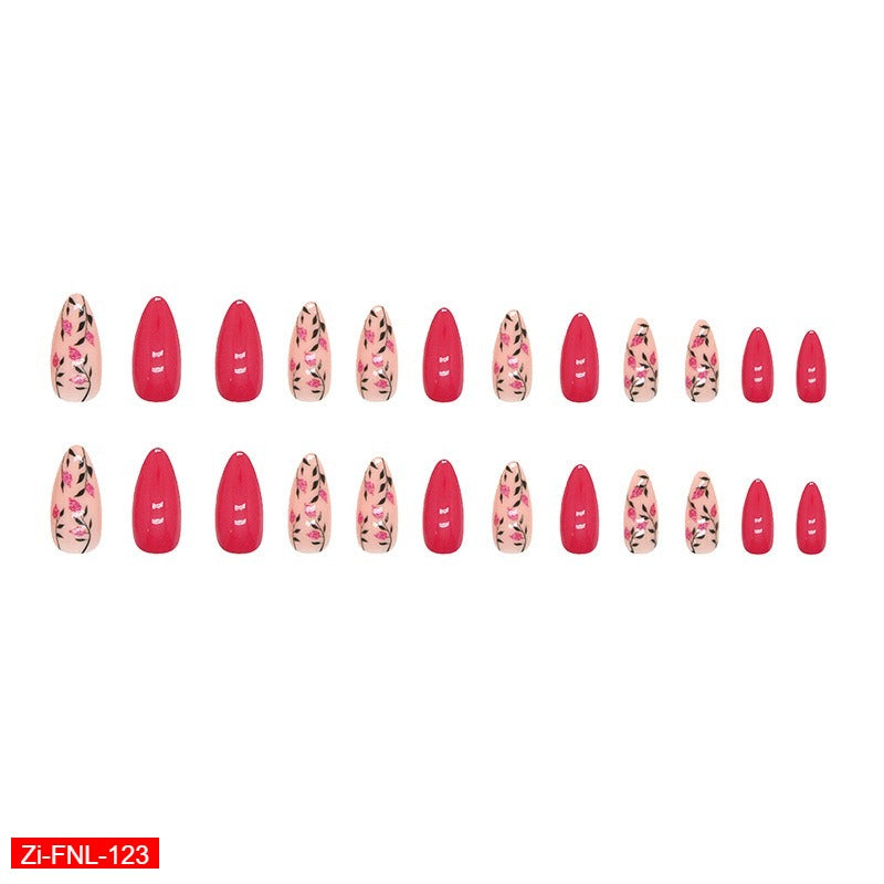 Rose Red Flower Almond Fake Nails  - 24Pc