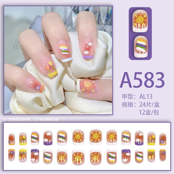 Blush Small Rainbow Student Wear Fake Nails  - 24Pcs