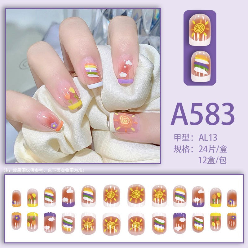 Blush Small Rainbow Student Wear Fake Nails  - 24Pcs