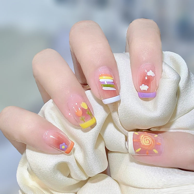 Blush Small Rainbow Student Wear Fake Nails  - 24Pcs