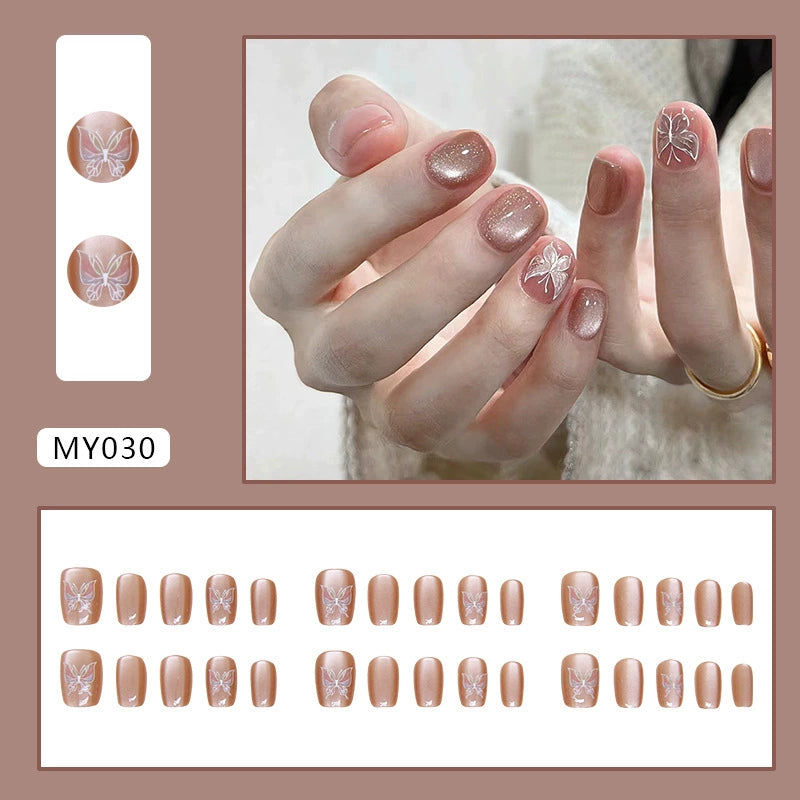 Champagne Butterfly Fake Nails  - 24Pcs