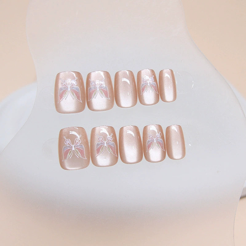 Champagne Butterfly Fake Nails  - 24Pcs