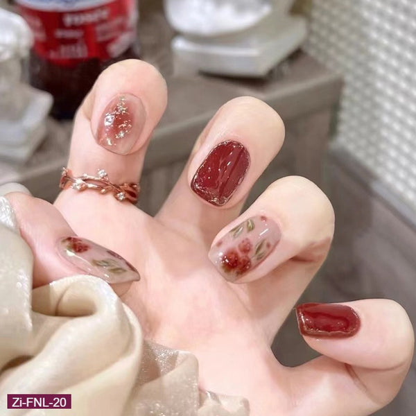 Rose Red Gold Foil Blooming Fake Nails  - 24Pcs - Zi Collection Hub