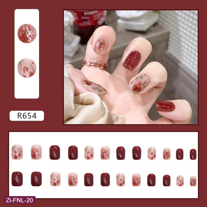 Rose Red Gold Foil Blooming Fake Nails  - 24Pcs - Zi Collection Hub