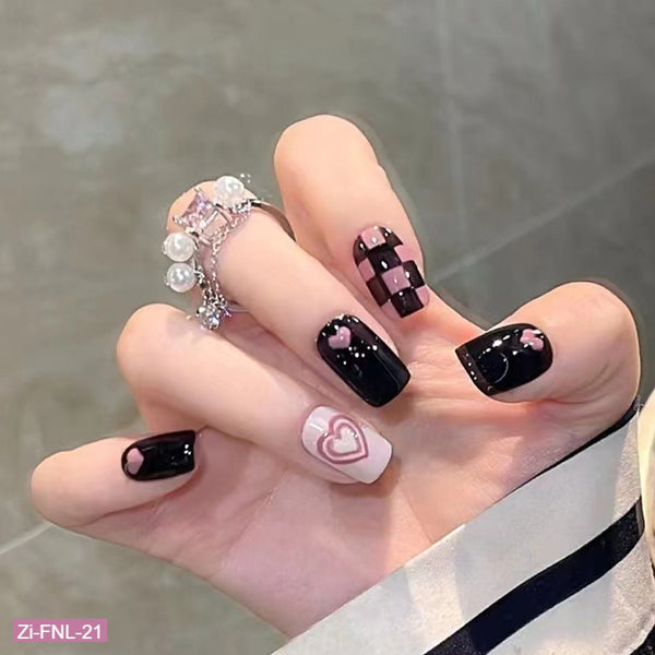 Hearts Black and Purple Checkerboard Pattern Fake Nails  - 24Pcs - Zi Collection Hub