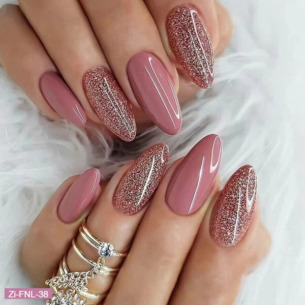 Red Almond Glittery Fake Nails  - 24Pcs