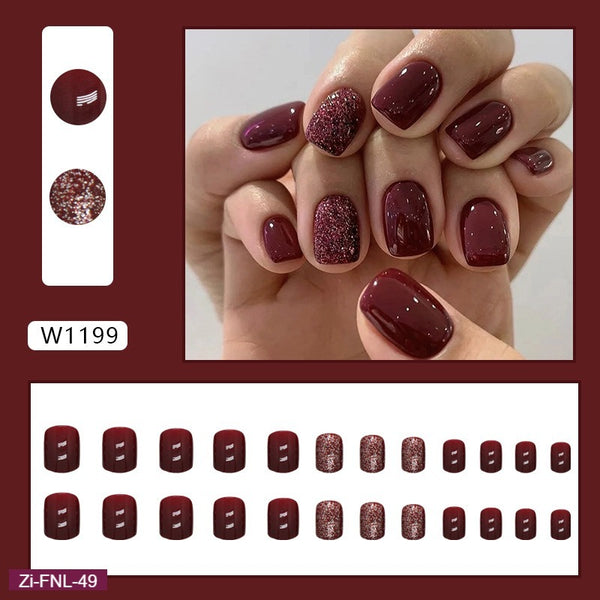 Short Solid color Burgundy Sparkling Fake Nails  - 24Pcs