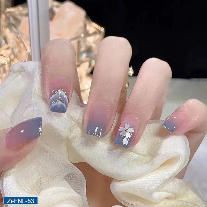 Blue Gradient Blooming Shiny Fragments Fake Nails  - 24Pcs